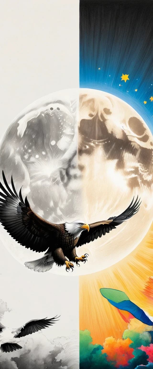 eagle, White background, moon, simple, Minimalism, Regular angle,The artwork should transition from a pencil drawing style in black and white on the left half to vibrant colors on the right half, Ensure a seamless integration between the two halves without any dividing line, The scene is identical on both sides, with the left side featuring detailed black and white pencil strokes and the right side filled with colors, creating a harmonious blend across the image