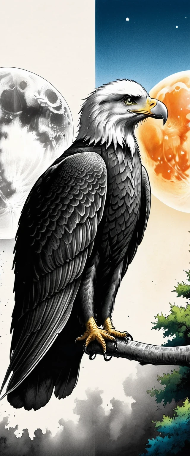 eagle, White background, moon, simple, Minimalism, Regular angle,The artwork should transition from a pencil drawing style in black and white on the left half to vibrant colors on the right half, Ensure a seamless integration between the two halves without any dividing line, The scene is identical on both sides, with the left side featuring detailed black and white pencil strokes and the right side filled with colors, creating a harmonious blend across the image