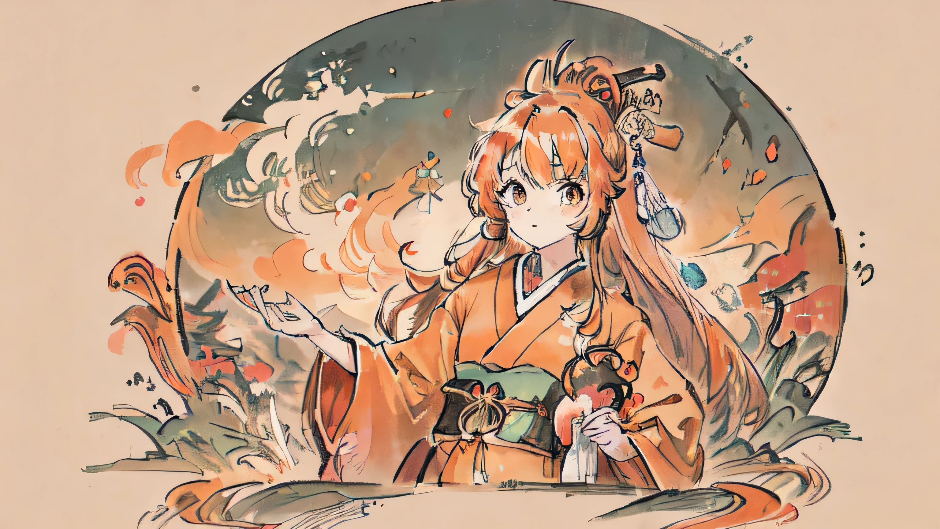 Pixel art,1 girl,Orange Hair,Long Hair,masterpiece,(((highest quality))),(Japanese style:1.4),princess,trendy,(((Healing)))