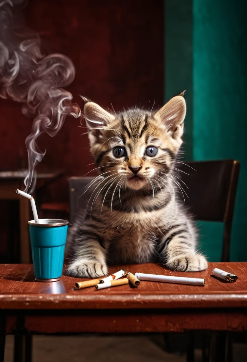 Small kitten smoking cigarettes in mouth with coolers in face and drinks in table with rich background  