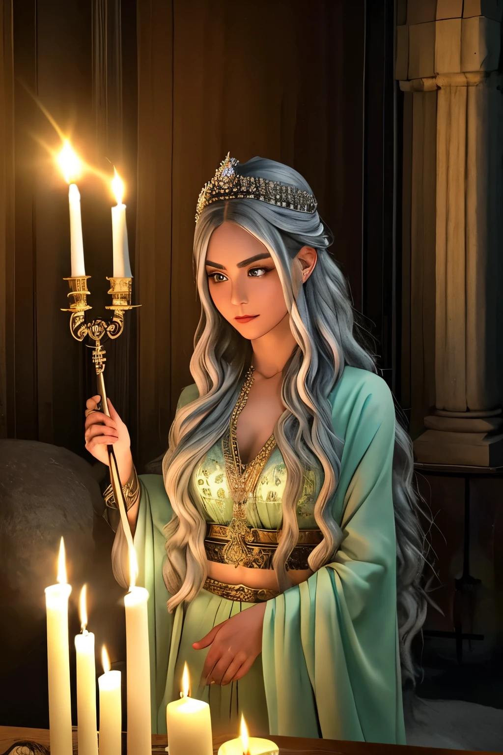 In the dimly lit chamber of an ancient sanctuary, the wisdom of bygone eras unfolds. A venerable figure, draped in dark, radiating garments, stands before an intricately carved altar. Her countenance, bathed in the soft, ethereal glow of candles, exudes a profound sense of reverence and awe. Her long, curly, silver hair falls in waves around her strong, noble face, framing her clear, shining, green eyes. The lines etched upon her forehead and the creases around her eyes deepen in the flickering candlelight, attesting to years of profound spiritual contemplation. Her slender waist is accentuated by