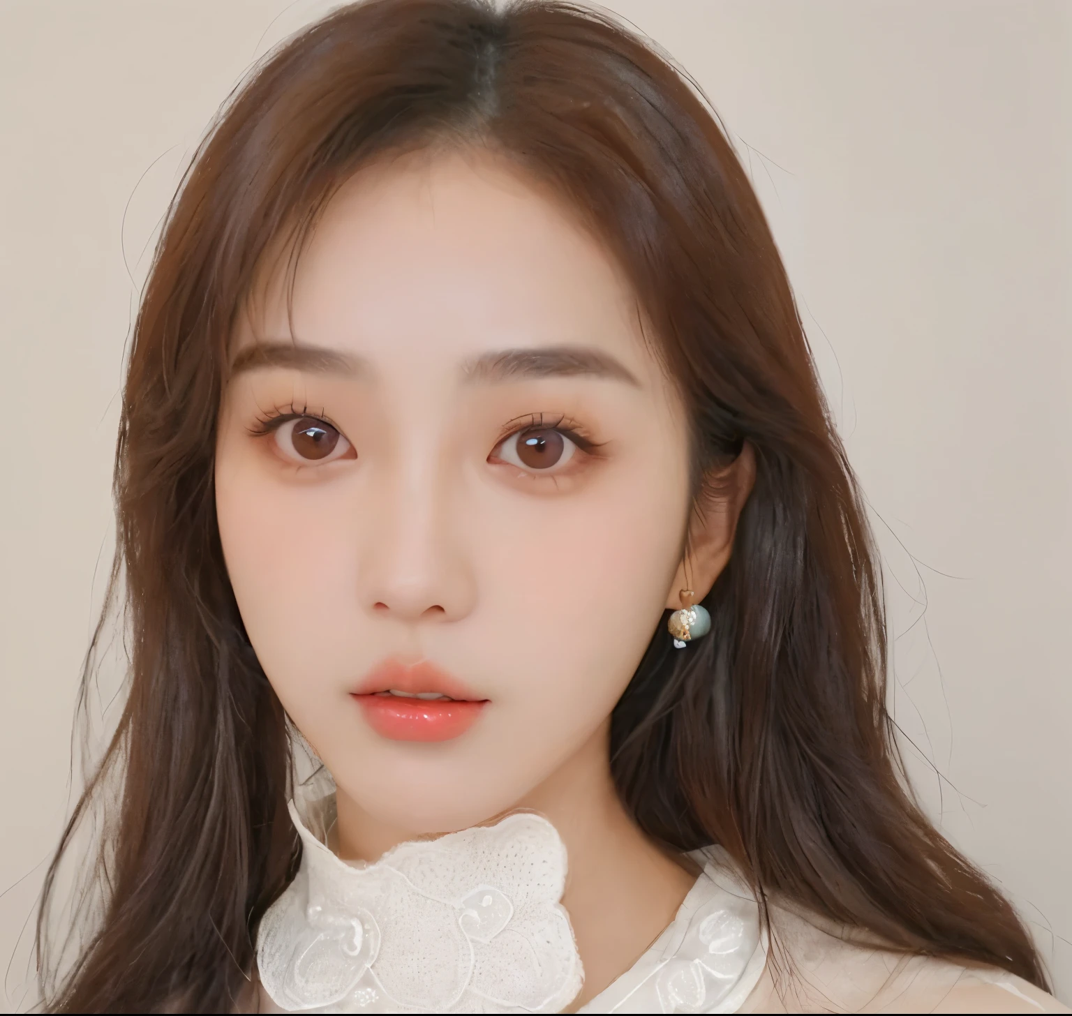 a 25 year old Korean style beauty girl, Realistic, big brown eyes, thin lips, narrow facial shape