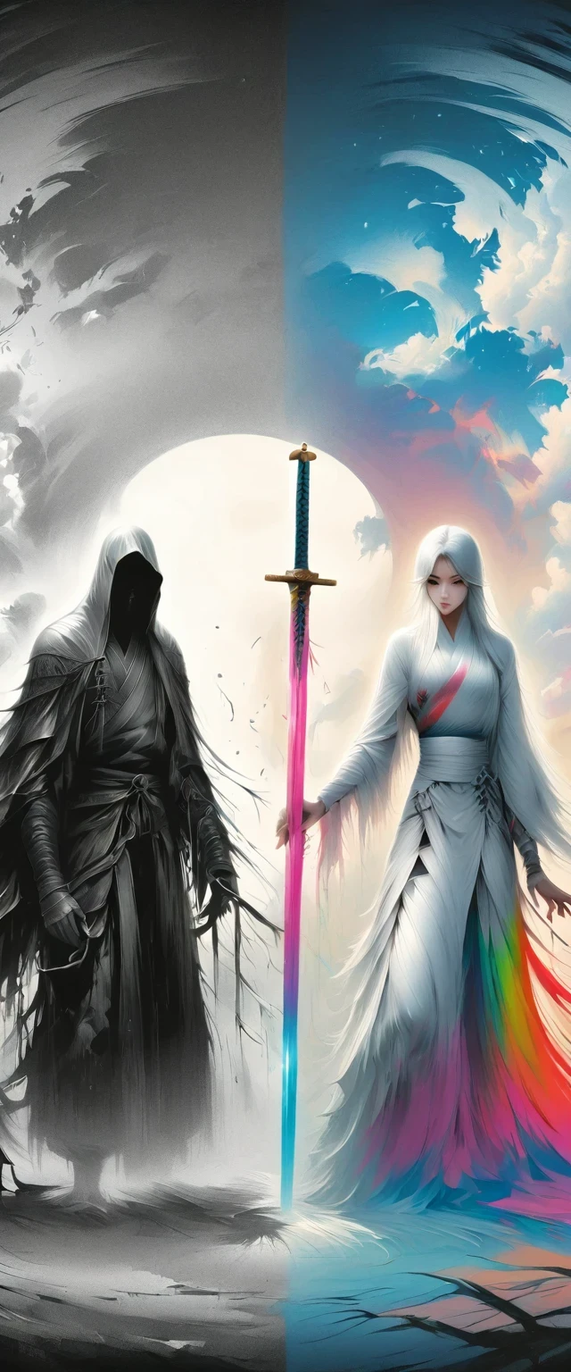 Chinese swordsman,Alex Andreev Style - Absurd、fear、Minimalist Surrealism,The artwork should transition from a pencil drawing style in black and white on the left half to vibrant colors on the right half, Ensure a seamless integration between the two halves without any dividing line, The scene is identical on both sides, with the left side featuring detailed black and white pencil strokes and the right side filled with colors, creating a harmonious blend across the image