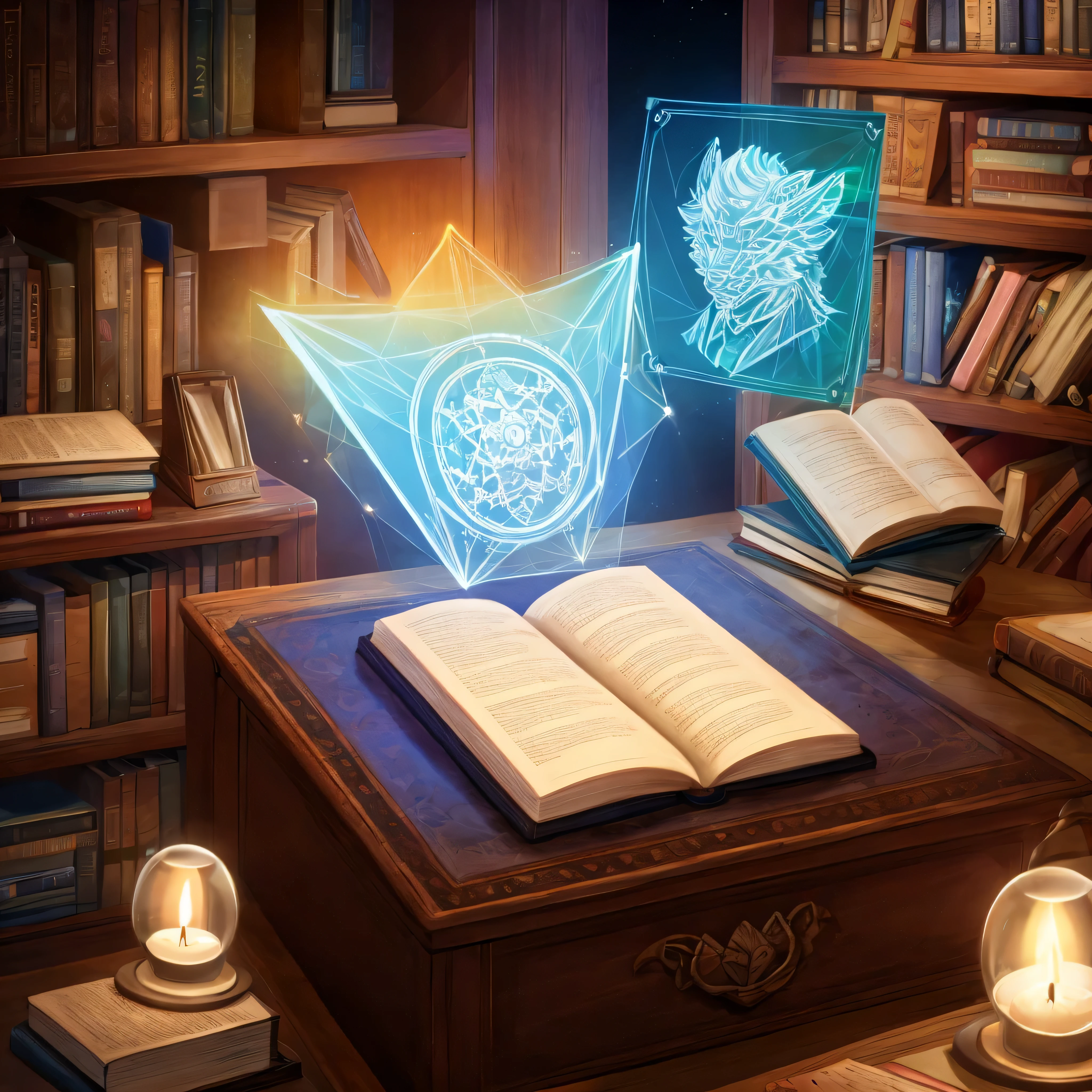 A head that made up of tech and craft turn the book in front of to hologram