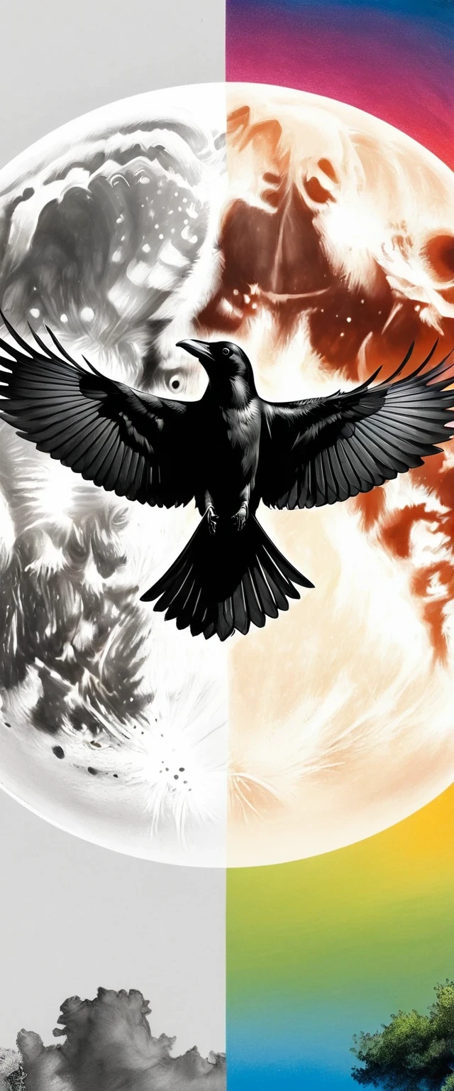 crow, White background, moon, simple, Minimalism, Regular angle,The artwork should transition from a pencil drawing style in black and white on the left half to vibrant colors on the right half, Ensure a seamless integration between the two halves without any dividing line, The scene is identical on both sides, with the left side featuring detailed black and white pencil strokes and the right side filled with colors, creating a harmonious blend across the image