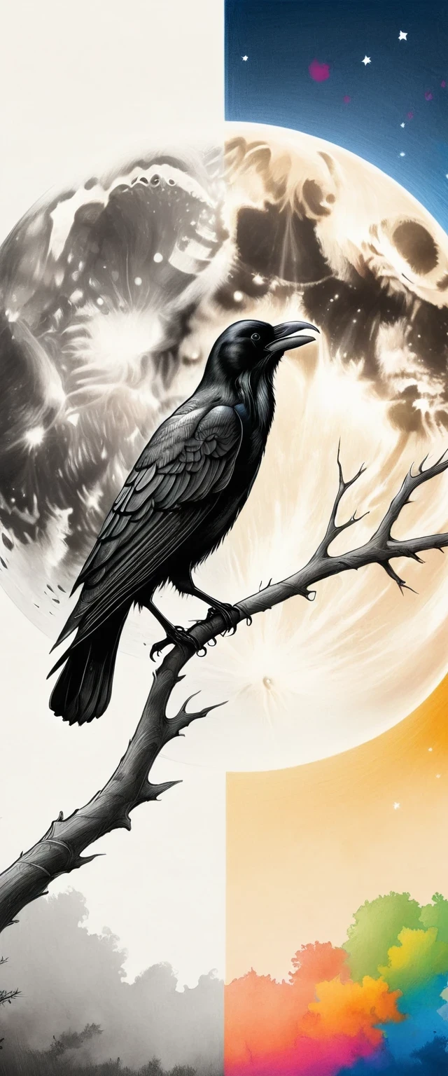 crow, White background, moon, simple, Minimalism, Regular angle,The artwork should transition from a pencil drawing style in black and white on the left half to vibrant colors on the right half, Ensure a seamless integration between the two halves without any dividing line, The scene is identical on both sides, with the left side featuring detailed black and white pencil strokes and the right side filled with colors, creating a harmonious blend across the image