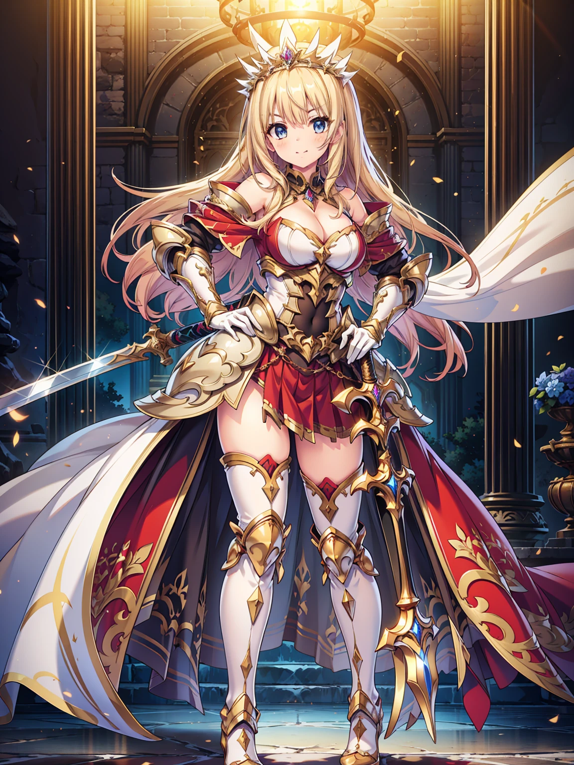 masterpiece, best quality, high resolution, extremely detailed CG, absurdres, full body, 1girl, a girl in armor and tiara holding a large sword, white armor, golden decoration, red_outfit, off-shoulder, thighhighs, long hair, blond hair, leg armor, cleavage, tiara, gloves, armor, white gloves,  off-shoulder armor, >:), Standing posing