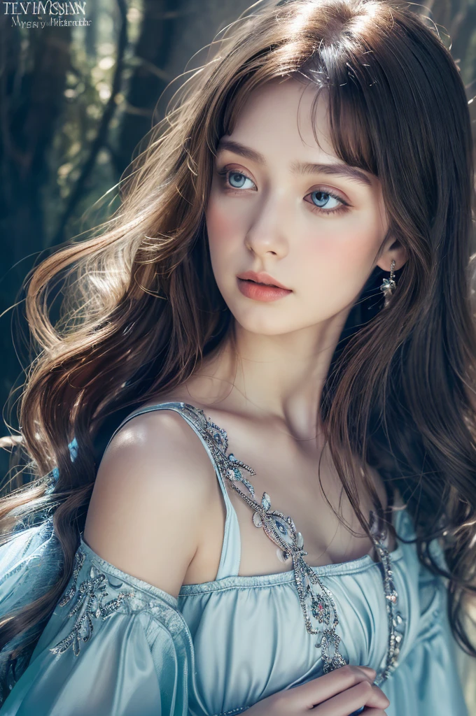 ( masterpiece, top quality, best quality,8k,17 years old girl,ultra detailed,raw photo:1.5),(photorealistic:1.4),(cinematic lighting), PerfectNwsjMajic, , Surrealism, UHD, ccurate, Super detail, textured skin, High detail, Best quality, dynamic angle, (high nose,White skin),[Beautiful blue eyes],[flat chest:large breasts:0.5],(1girl),(good anatomy:0.5)), of a woman in a dress with a Magic , ((a beautiful fantasy empress)), beautiful fantasy maiden, Dreamy atmosphere,mystical ambiance, Artistic interpretation,a whimsical illustration, Subtle colors and tones, mystical aura,portrait, bangs pinned back, sunshine, portrait