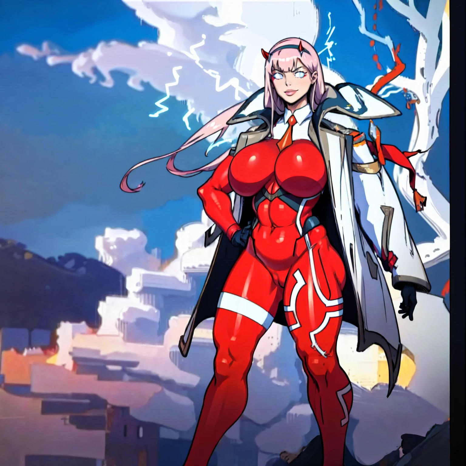 masterpiece, best quality, IncrsLowTier, electricity, glowing eyes zerotwo horns, hairband, necktie, red dress, pantyhose horns, hairband, red bodysuit, armlet, mecha horns, hairband, white bodysuit, white gloves, cap, red dress, white gloves, jacket on shoulders, pantyhose, cyber_armor body_suit,huge_breast, tall female, fulll body, sun light, smile,, sun aura,, boots, standing, smile, lips, red lips,,,{best quality}, {amazing quality} {best quality},{amazing quality},, {absurdres},{{highres}}, {very aesthetic}, {detailed}, curvy, tall, huge breast, character focus, white background,full-length portrait,, huge hips, huge muscles, huge thighs, curvaceous, venus figure,full body, full portrait