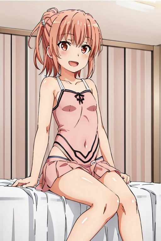 ((highest quality)), ((masterpiece)), (be familiar with), Perfect Face, indoor, Bedroom, Watching the audience,
One woman, Yuigahama Yui,
Open Mouth, Ecstatic expression, blush, smile,
Small breasts, Flat Chest, Young Girl, , , Girl,
Short Hair, Salmon-colored hair, Salmon-colored eyes, Side Pony,
Leg spread,