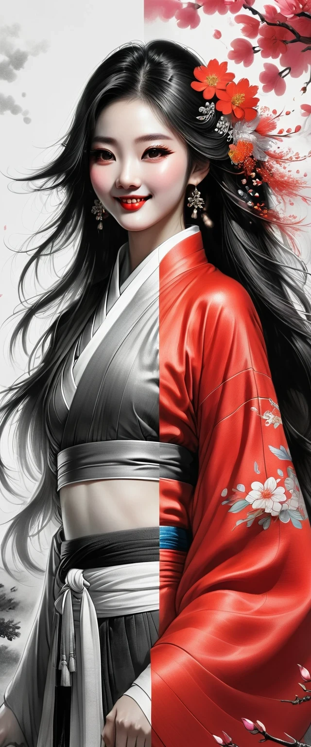 China,Tavern hostess,owner,Red Hanfu,Beautiful hair accessories,Stand up,front,Looking at the audience,Full Body Love,Standing solemnly,Smile,Spring breeze full of petals,Maximum chest,Bare thighs,Fully understand,The artwork should transition from a pencil drawing style in black and white on the left half to vibrant colors on the right half, Ensure a seamless integration between the two halves without any dividing line, The scene is identical on both sides, with the left side featuring detailed black and white pencil strokes and the right side filled with colors, creating a harmonious blend across the image