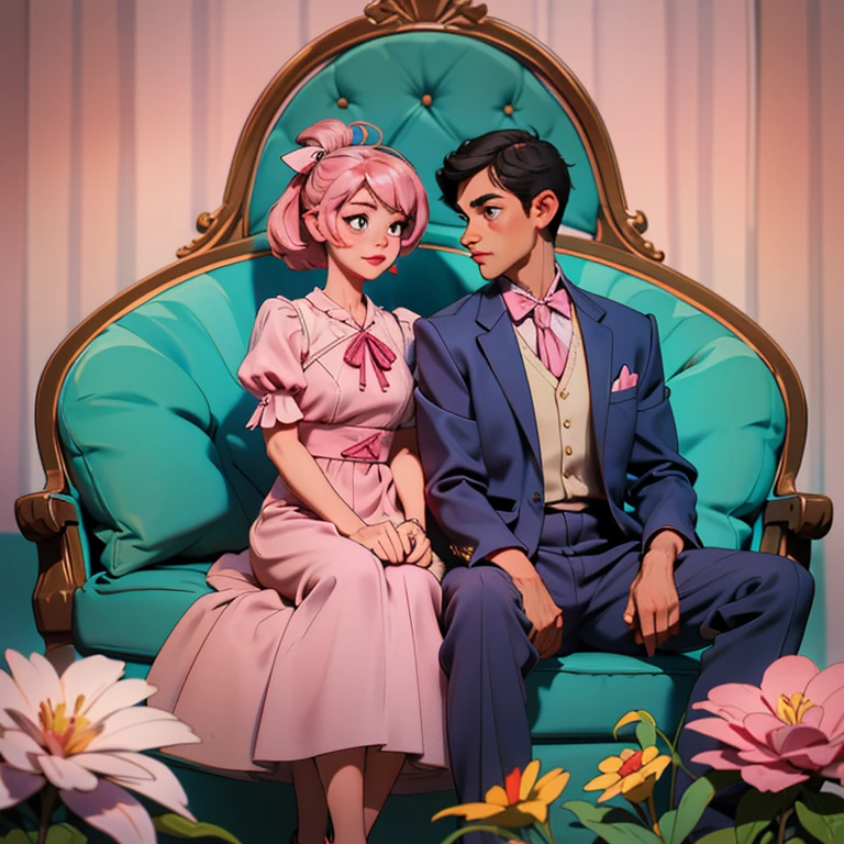There a family sitting on a couch. A father who's wearing a formal shirt, and a mother who's wearing a beautiful dress. Their daughter is wearing beautiful pink dress and a very cute shoes with ribbon. They have chinky eyes, high and small nose and has a heart shaped lips. Make the parents tall and mature