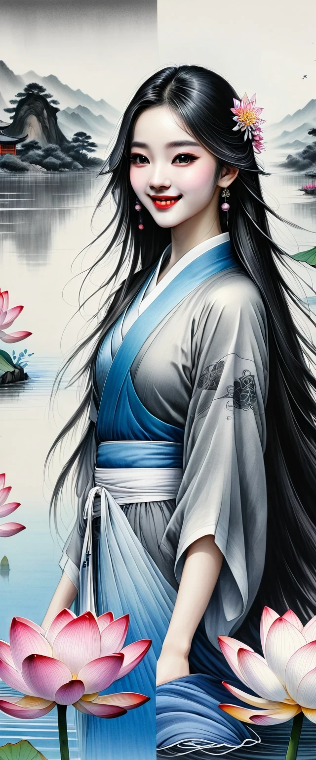 ((4K,masterpiece,best quality)), Bisim, Traditional Chinese ink painting, lotus, Hanfu, maxiskit, Dress conservatively 1girl, Solitary, Blue long hair, Smile, permanent, Feet in water, barefoot,The artwork should transition from a pencil drawing style in black and white on the left half to vibrant colors on the right half, Ensure a seamless integration between the two halves without any dividing line, The scene is identical on both sides, with the left side featuring detailed black and white pencil strokes and the right side filled with colors, creating a harmonious blend across the image