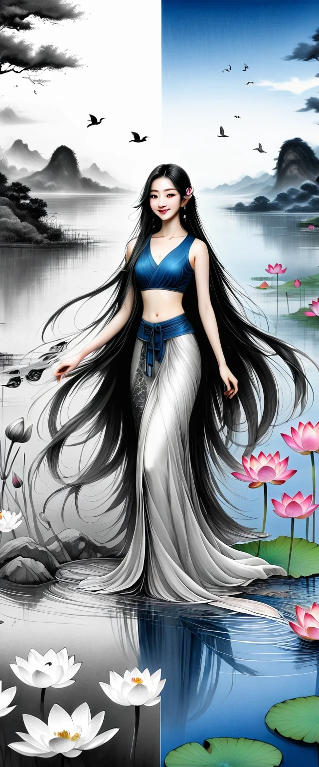 ((4K,masterpiece,best quality)), Bisim, Traditional Chinese ink painting, lotus, Hanfu, maxiskit, Dress conservatively 1girl, Solitary, Blue long hair, Smile, permanent, Feet in water, barefoot,The artwork should transition from a pencil drawing style in black and white on the left half to vibrant colors on the right half, Ensure a seamless integration between the two halves without any dividing line, The scene is identical on both sides, with the left side featuring detailed black and white pencil strokes and the right side filled with colors, creating a harmonious blend across the image
