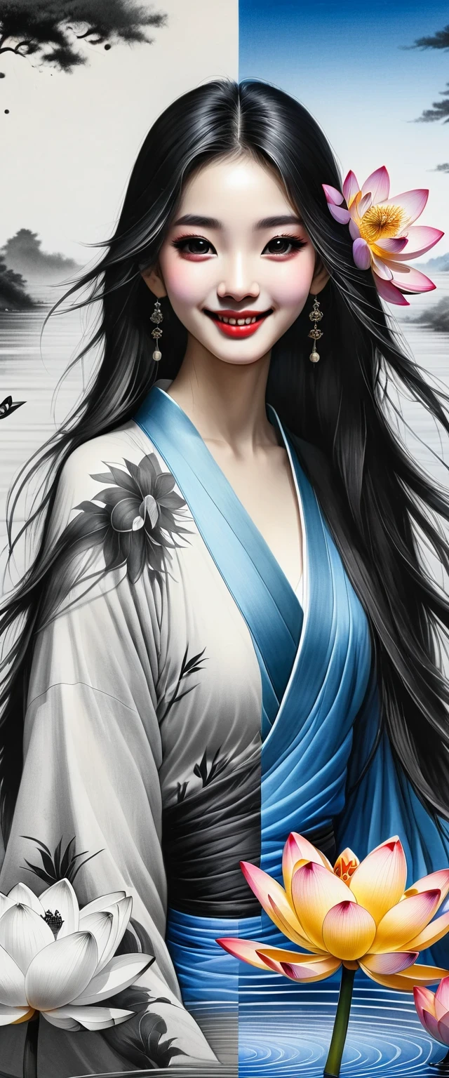 ((4K,masterpiece,best quality)), Bisim, Traditional Chinese ink painting, lotus, Hanfu, maxiskit, Dress conservatively 1girl, Solitary, Blue long hair, Smile, permanent, Feet in water, barefoot,The artwork should transition from a pencil drawing style in black and white on the left half to vibrant colors on the right half, Ensure a seamless integration between the two halves without any dividing line, The scene is identical on both sides, with the left side featuring detailed black and white pencil strokes and the right side filled with colors, creating a harmonious blend across the image
