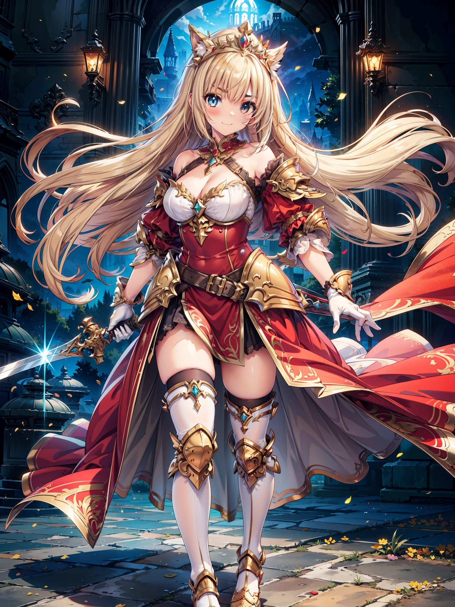 masterpiece, best quality, high resolution, extremely detailed CG, absurdres, full body, 1girl, a girl in armor and tiara holding a large sword, white armor, golden decoration, red_outfit, off-shoulder, thighhighs, long hair, blond hair, leg armor, cleavage, tiara, gloves, armor, white gloves, off-shoulder armor, >:), Standing posing