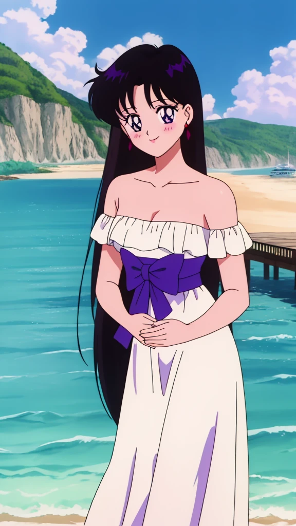 1990s \(style\), masterpiece, best quality, highres, outdoors, small breasts, 1 girl, Solo, Rei Hino, Purple Eyes, Beautiful Detail Eyes, Long Black Hair, Straight Hair, Good hands are down, Smile, Blushing, Bare Neck, Bare Shoulders, strapless, White Ruffle Off-the-Shoulder maxi dress. Cowboy shot. A landscape of blue skies, an ocean with a beach. In the center. On the dock.