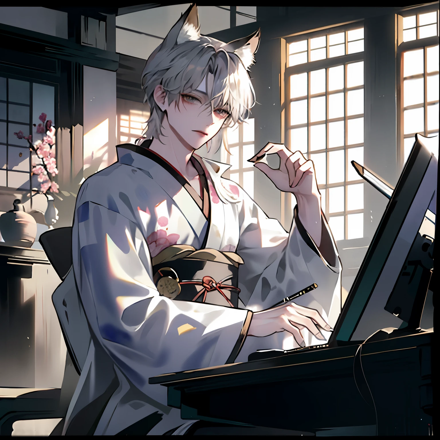 (masterpiece:1.2, highest quality), (Beautiful Eyes: 1.2), ((One Man)), ((alone)), ( Beautiful and vivid background: 1.2), (Very detailedなCG, Very detailed, Best Shadow: 1.1), ((Depth of written boundary)), ((watercolor)), (They are: 1.5), (kimono: 1.3), Beautiful concept art,
male、handsome、Silver Hair、Shoulder-length hair、Fox Ears、Fox's Tail、Wearing headphones、A kind face、The voice is low、silver、kimono姿、Wearing a robe、
(figure: 1.1), (Very delicate: 1.1), (Perfect detail: 1.1)、
lo-fi、Working while looking at a computer