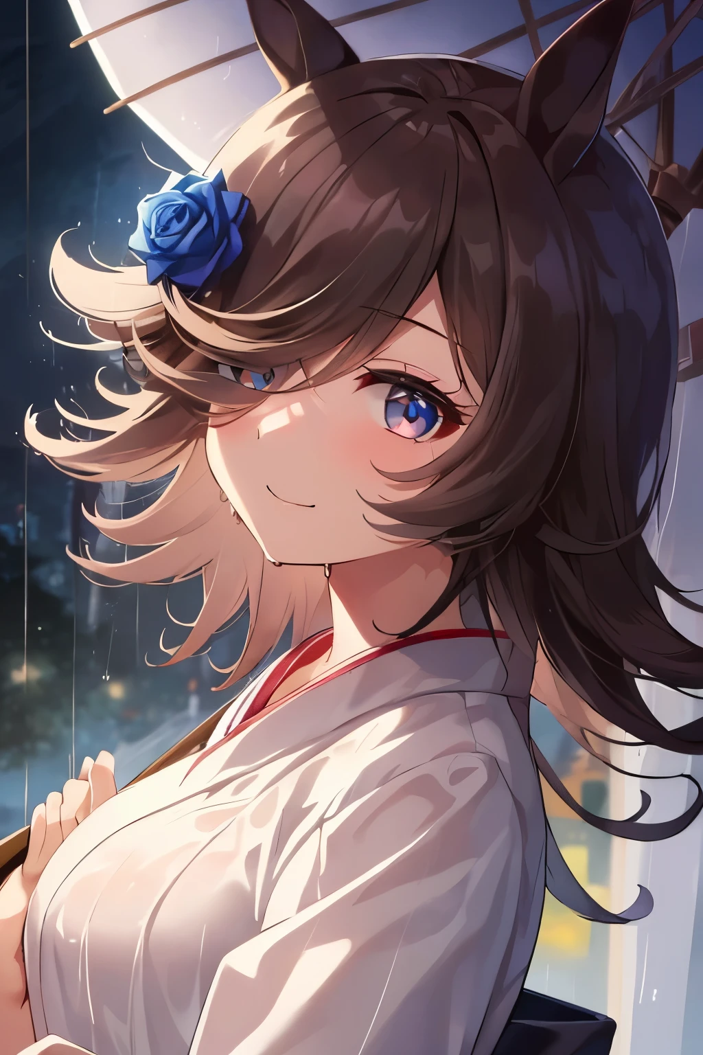 (Tabletop.highest quality).(Dynamic Angle). (CG paintings with attention to detail),(Perfect image)、Comic Strip.shape.1 girl.Detailed face、Perfect Face.Delicate face、Cute and delicate girl in kimono、Rough skin、Black Hair.length、(Umamimi Girl)Umamimi Girl、((Beautiful Blue Eyes)).繊細でBeautiful Eyes、Beautiful Eyes、Reflected Eyes、smile.(Looking at the audience:1.3).(Face is a little red:0.8)、8k wallpaper、Cowboy Shot、reflected light、Most detailed、Complex、((Delicate rain background、season summer、night))、Rough skin、Fine skin、(Super Resolution)、((Cute girl in Japanese clothes))、((Holding a red Japanese umbrella))
