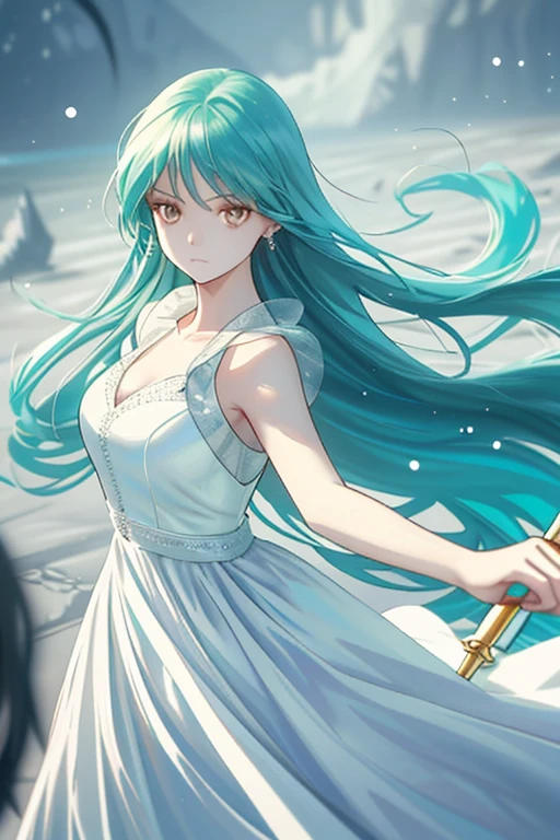 Foreshortening, depth of field, masterpiece, best quality, 1 woman, turquoise hair, brown eyes, long hair, alone, looking at the viewer, white dress, tear, cutlass, battle