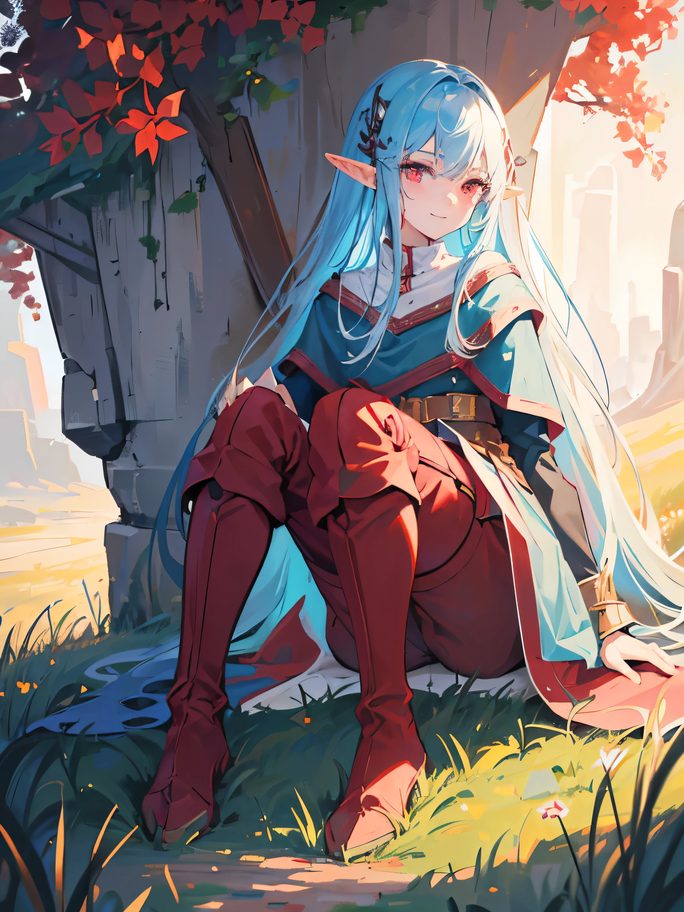 1girl, light Blue straight hair, ((intense red eyes)), (Detailed face), Full body, (( adventurer clothing )), medieval, (grasslands bakcground), masterpiece, pants, (cute face), (beautiful), cute smile, (elf),