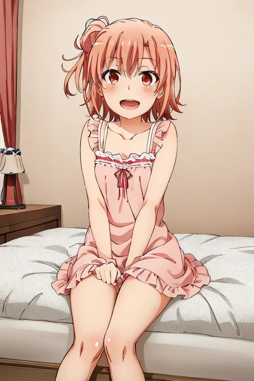 ((highest quality)), ((masterpiece)), (be familiar with), Perfect Face, indoor, Bedroom, Watching the audience,
One woman, Yuigahama Yui,
Open Mouth, Ecstatic expression, blush, smile,
Small breasts, Flat Chest, Young Girl, , , Girl,
Short Hair, Salmon-colored hair, Salmon-colored eyes, Side Pony,
Leg spread,