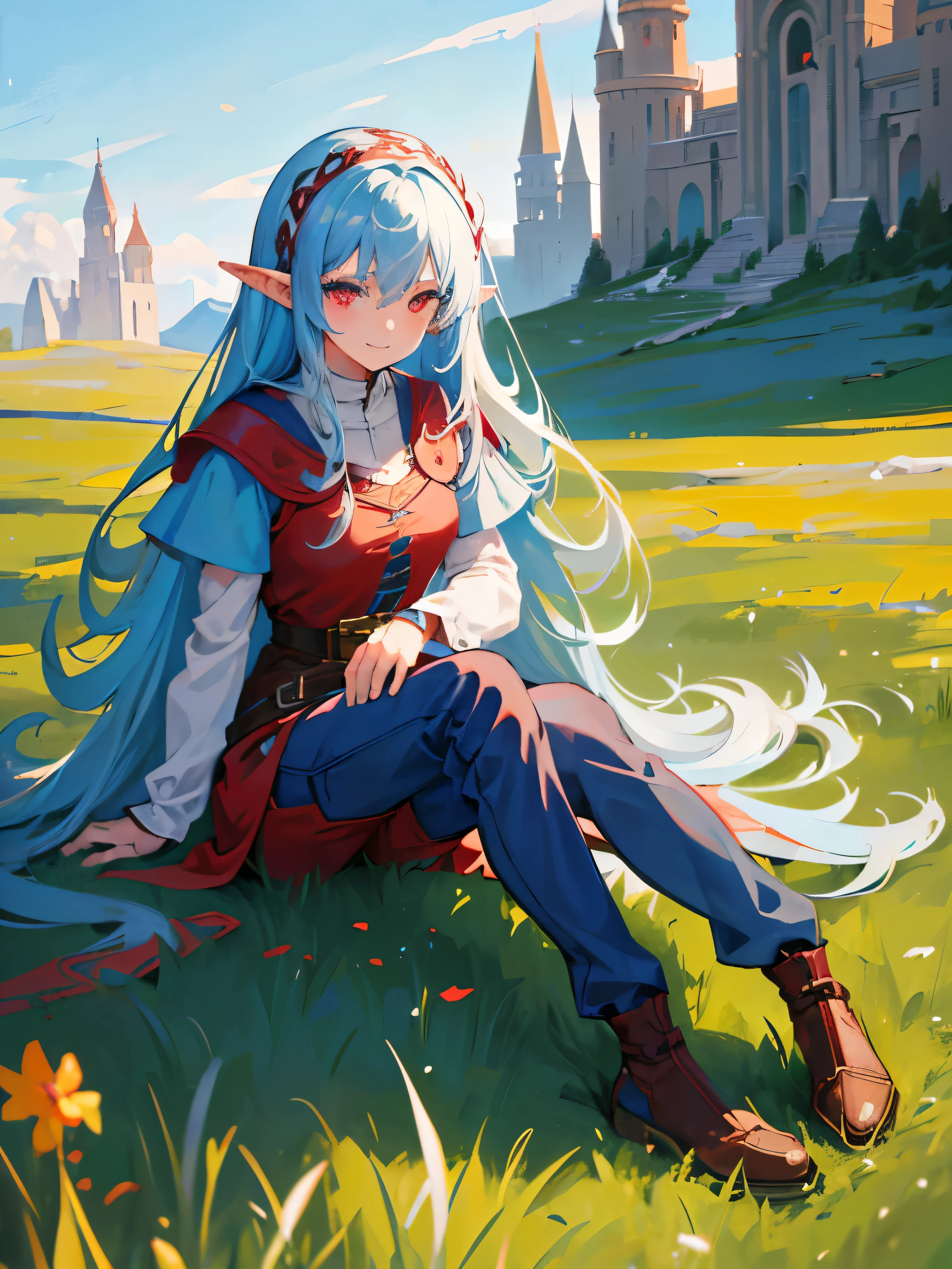 1girl, light Blue straight hair, ((intense red eyes)), (Detailed face), Full body, (( adventurer clothing )), medieval, (grasslands bakcground), masterpiece, pants, (cute face), (beautiful), cute smile, (elf),