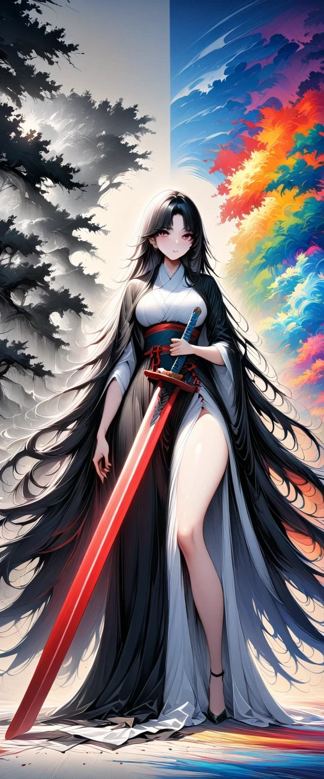 (masterpiece, best quality:1.2),  1 Girl, Solitary,Chinese swordsman，Abstract Art，Holding a red long sword，The artwork should transition from a pencil drawing style in black and white on the left half to vibrant colors on the right half, Ensure a seamless integration between the two halves without any dividing line, The scene is identical on both sides, with the left side featuring detailed black and white pencil strokes and the right side filled with colors, creating a harmonious blend across the image