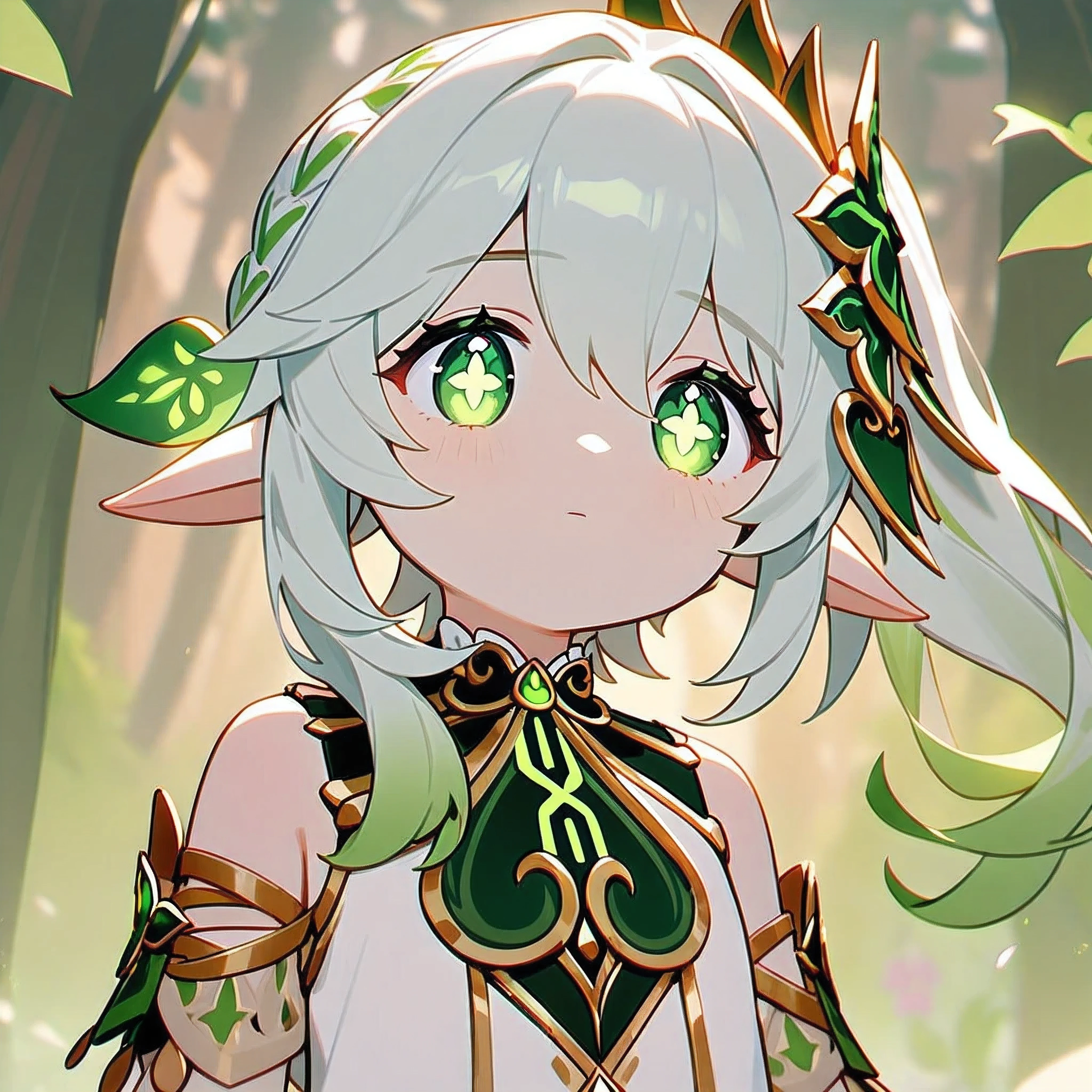 (masterpiece),best quality,very aesthetic,absurdres,1girl, Nahida, genshin impact, solo, waist up portrait, guweiz, intense Green eyes, by aoi nanase, cel shading, Forest fantasy background, Sumeru, Forest, contemplative, thoughtful, calm, serene, facing viewer, red eyeliner, ultra-detailed eyes, volumetric lighting, sunset, golden illumination, rich saturated colors