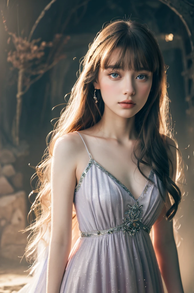 ( masterpiece, top quality, best quality,8k,17 years old girl,ultra detailed,raw photo:1.5),(photorealistic:1.4),(cinematic lighting), PerfectNwsjMajic, , Surrealism, UHD, ccurate, Super detail, textured skin, High detail, Best quality, dynamic angle, (high nose,White skin),[Beautiful blue eyes],[flat chest:large breasts:0.5],(1girl),(good anatomy:0.5)), of a woman in a dress with a Magic , ((a beautiful fantasy empress)), beautiful fantasy maiden, Dreamy atmosphere,mystical ambiance, Artistic interpretation,a whimsical illustration, Subtle colors and tones, mystical aura,portrait, parted bangs, long hair,sunshine, portrait