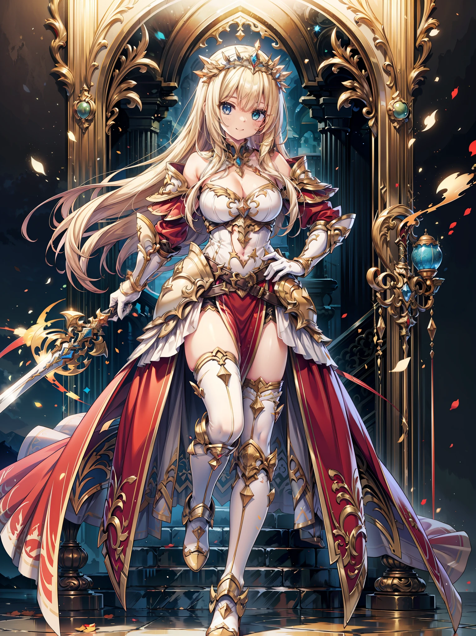 masterpiece, best quality, high resolution, extremely detailed CG, absurdres, full body, 1girl, a girl in armor and tiara holding a large sword, white armor, golden decoration, red_outfit, off-shoulder, thighhighs, long hair, blond hair, leg armor, cleavage, tiara, gloves, armor, white gloves, off-shoulder armor, >:), Standing posing