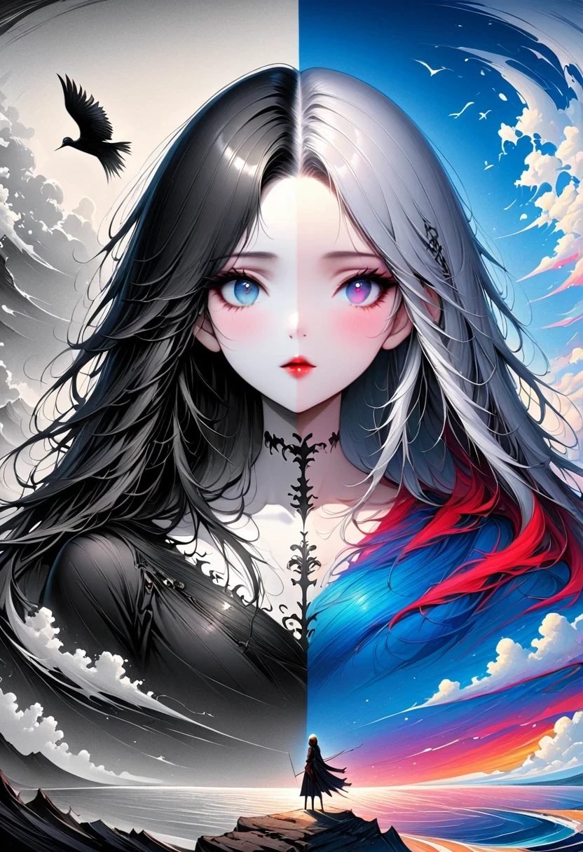 black、White、Blue and Red,(best quality, Super detailed, high resolution, Extremely detailed CG),Wide-angle lens,Dead angel standing on the edge of a cliff,She is beautiful,She likes blood and the ocean,Blood Rain, mystery,Fanatic, Wheels within wheels, Surreal,Beautifully，The artwork should transition from a pencil drawing style in black and white on the left half to vibrant colors on the right half, Ensure a seamless integration between the two halves without any dividing line, The scene is identical on both sides, with the left side featuring detailed black and white pencil strokes and the right side filled with colors, creating a harmonious blend across the image