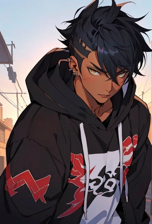 (Best quality, 8k, 32k, Masterpiece, UHD:1.2) dark skin boy with earphones and a hoodie listening to music, young anime man, inspired by Okumura Masanobu, inspired by Okumura Togyu, as an anime character, ear piercings, black camo hoodie, striped shirt, undercut hairstyle, faded haircut, anime boy with black bowcut hair and a hoodie with a red eye, anime boy, young anime man, detailed anime character art, inspired by Okumura Masanobu, trigger anime artstyle, handsome guy in demon slayer art, detailed digital anime art, anime moe artstyle, badass anime 8 k, high quality anime artstyle, anime art wallpaper 8 k