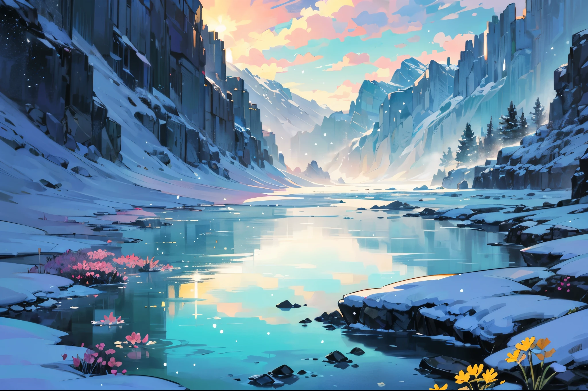 ((masterpiece)), (((Best quality))), ((ultra detailed)), ((illustration)), landscape, Dissolve in a sleepy world, Fantasy World, Dandelions will wake up, They will turn into white fluff, winds of tenderness, Gemstone geodes, Silicon, cobalt, Wild strawberries, It will be irrigated with red juice and turn into crystals., emerald lagoon, or sandy beach dune, the ice floe will instantly transform, Snow will cover the forest, the flash will sparkle boldly, The red shawl will twirl, Will glow with golden glitter, Sun glow, Miracles do not live in fairy tales, Into the universe of the world in colors