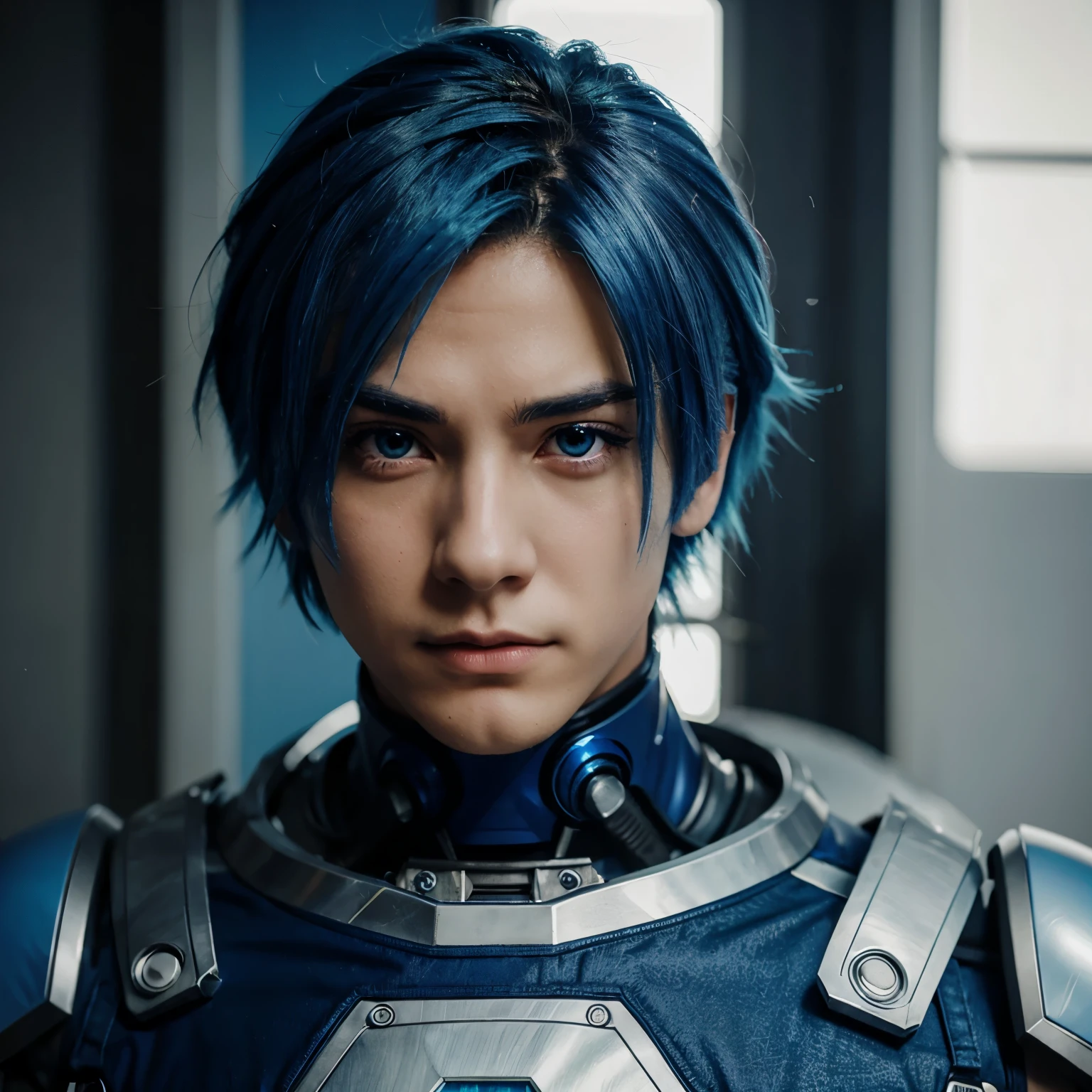 Male anime character with blue hair and robot eyes 