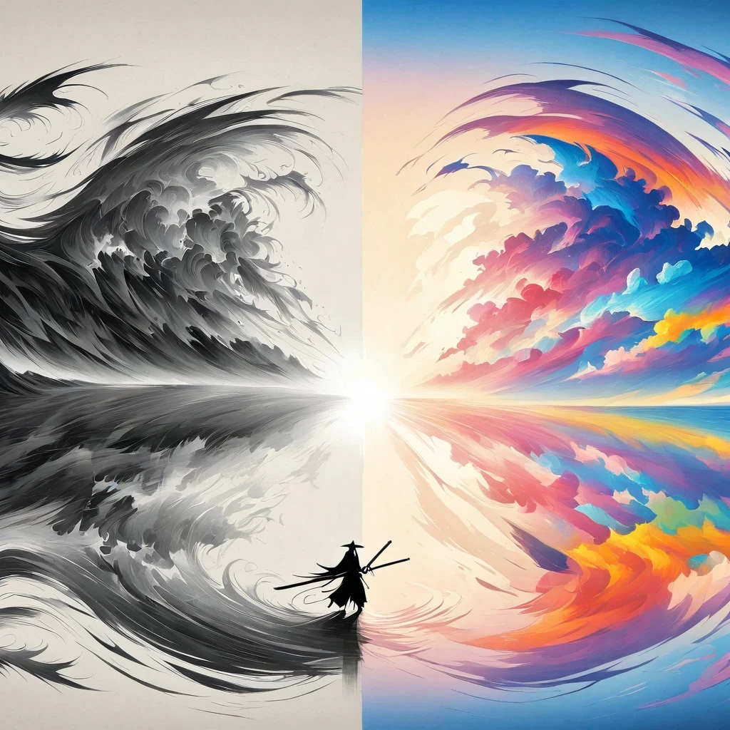 Chinese swordsman，Alex Andreev Style - Absurd、fear、Minimalist Surrealism，The artwork should transition from a pencil drawing style in black and white on the left half to vibrant colors on the right half, Ensure a seamless integration between the two halves without any dividing line, The scene is identical on both sides, with the left side featuring detailed black and white pencil strokes and the right side filled with colors, creating a harmonious blend across the image