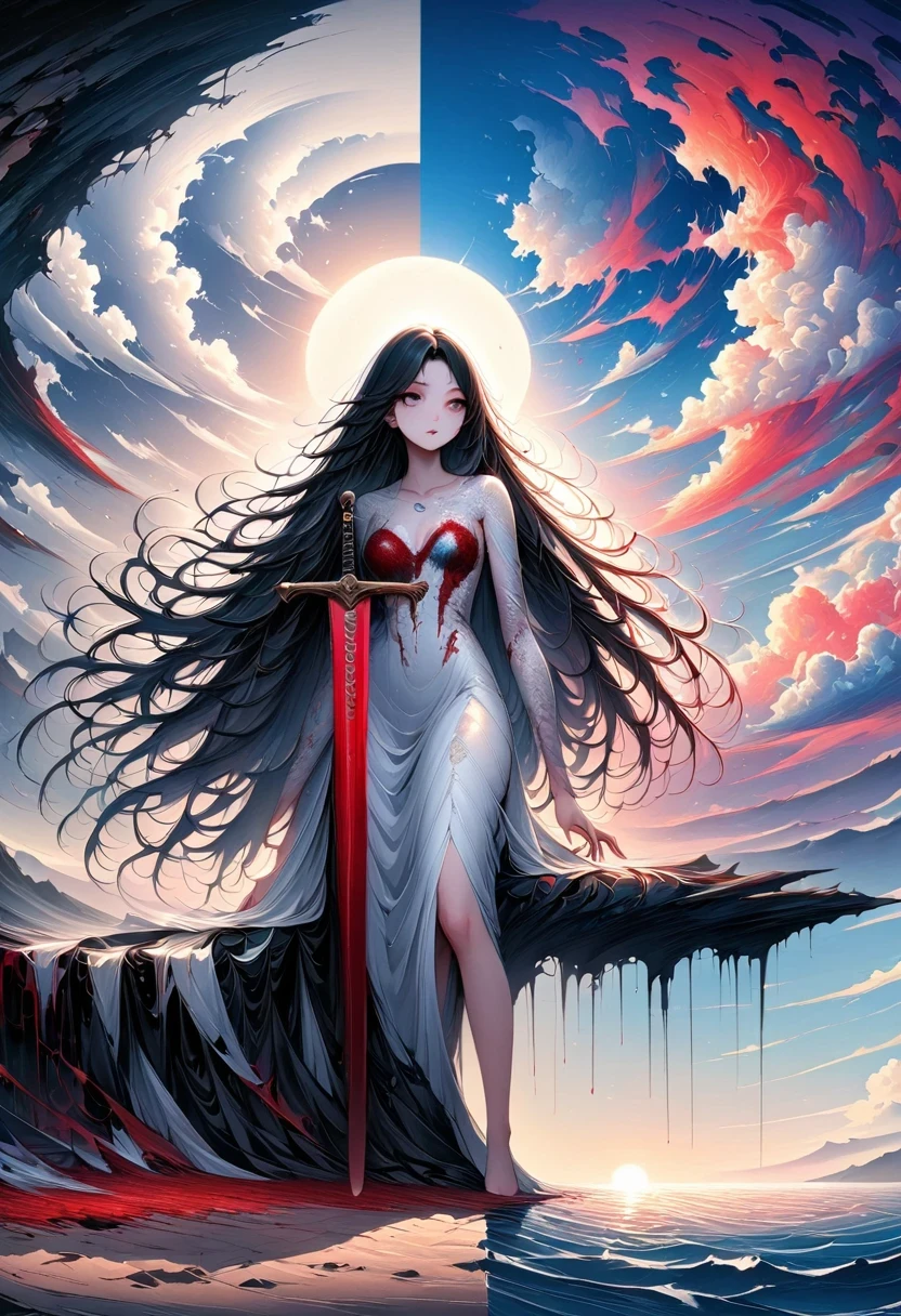 black、White、Blue and Red,(best quality, Super detailed, high resolution, Extremely detailed CG),Wide-angle lens,Dead angel standing on the edge of a cliff,She is beautiful,She likes blood and the ocean,Blood Rain, mystery,Fanatic, Wheels within wheels, Surreal,Beautifully,The artwork should transition from a pencil drawing style in black and white on the left half to vibrant colors on the right half, Ensure a seamless integration between the two halves without any dividing line, The scene is identical on both sides, with the left side featuring detailed black and white pencil strokes and the right side filled with colors, creating a harmonious blend across the image