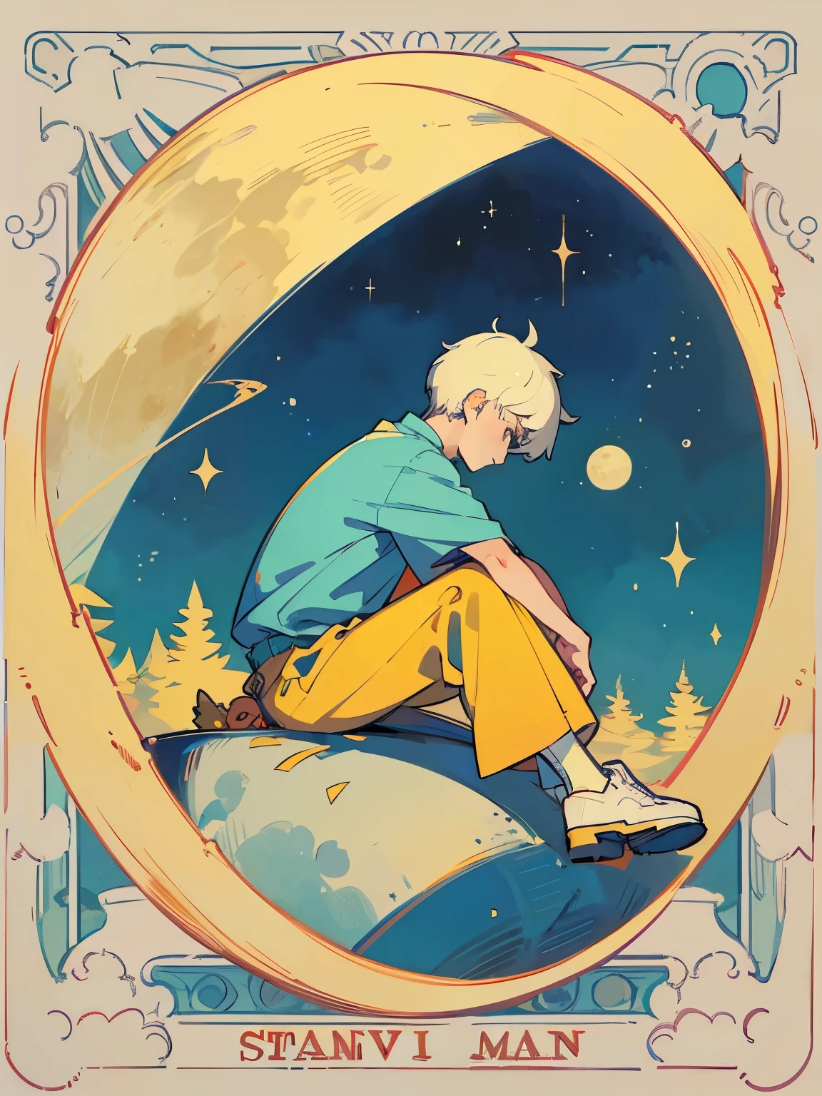 A boy named Sunny. He sits on the ground and looks at the moon in the sky. And he is sad