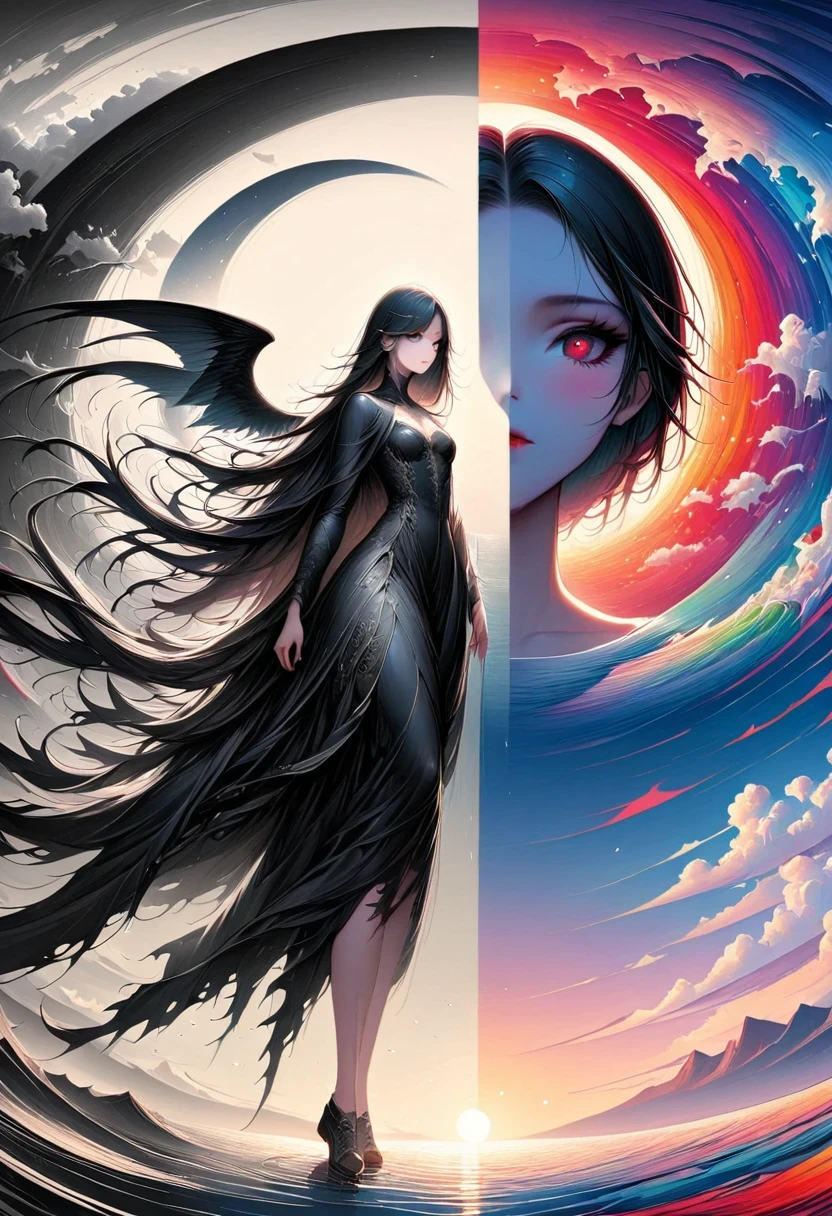 black、White、Blue and Red,(best quality, Super detailed, high resolution, Extremely detailed CG),Wide-angle lens,Dead angel standing on the edge of a cliff,She is beautiful,She likes blood and the ocean,Blood Rain, mystery,Fanatic, Wheels within wheels, Surreal,Beautifully,The artwork should transition from a pencil drawing style in black and white on the left half to vibrant colors on the right half, Ensure a seamless integration between the two halves without any dividing line, The scene is identical on both sides, with the left side featuring detailed black and white pencil strokes and the right side filled with colors, creating a harmonious blend across the image