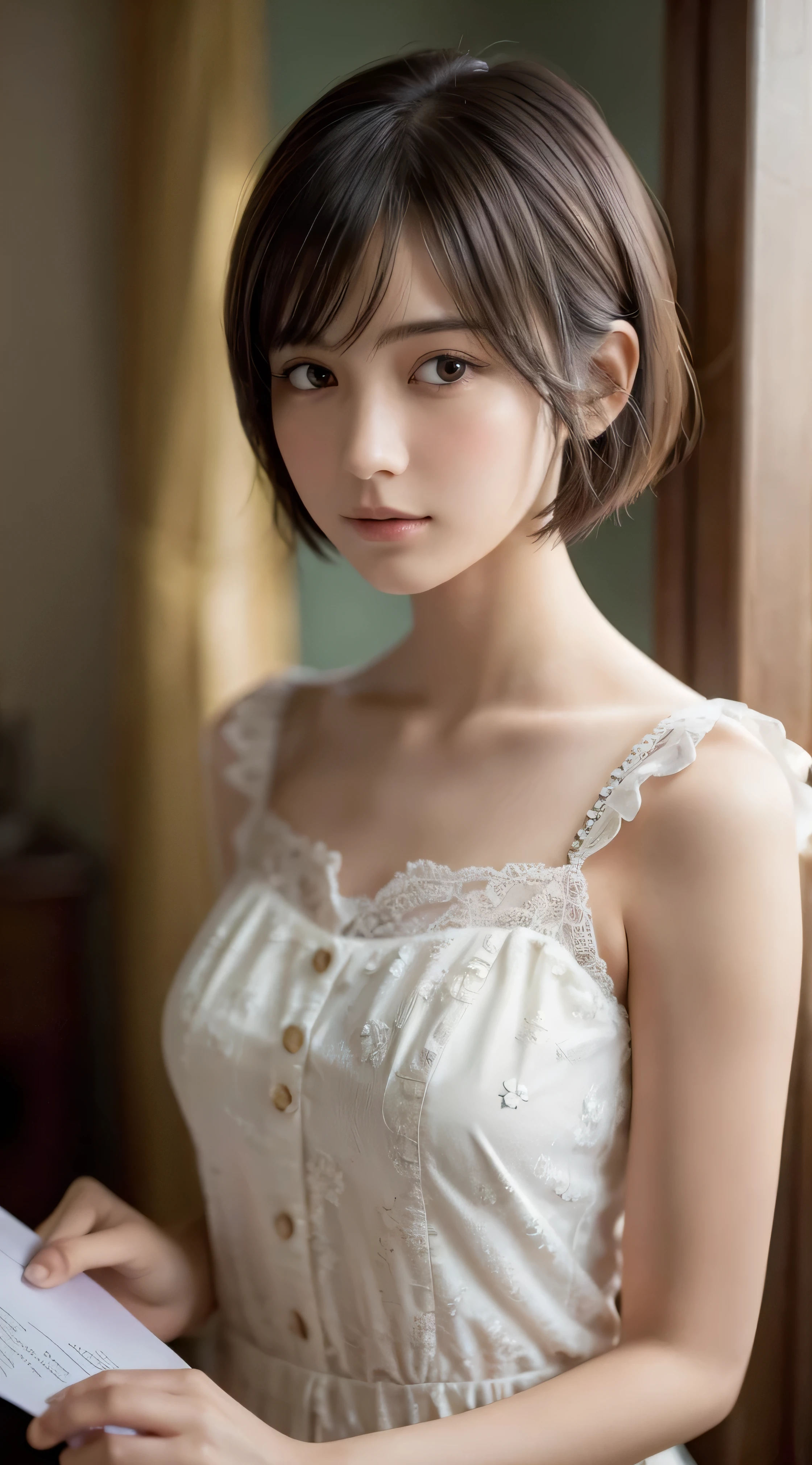 (8k, highest quality, masterpiece: 1,2), (Realistic, Realistic: 1.37), Super Detail, One Girl, ), (Very detailed), (Beautiful fine details), (highest quality) , (Very detailed), (masterpiece), (Detailed face), 18-year-old, One person girl, whole body, Are standing, Black Hair, Very short hair, Medium chest, Perfect lighting, looking at the camera, I brought a love letter, Full head of floral hair, impressive, Written boundary depth, Short Hair, Short Bob, Straight face, Head and body balance