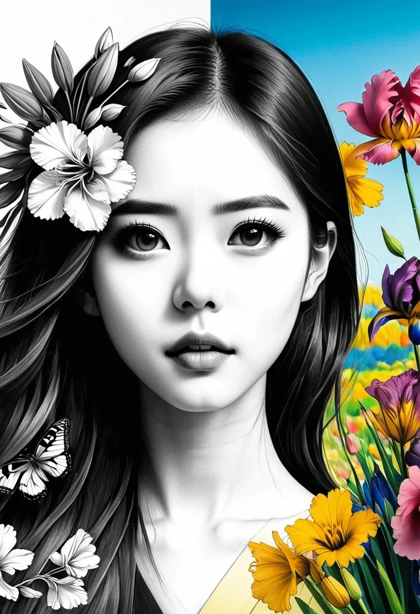 (Anime line drawing:1.5),(Black and White:1.45),Minimalism,(Line art:1.6),sketch,charcoal drawing,mask,flower,The artwork should transition from a pencil drawing style in black and white on the left half to vibrant colors on the right half, Ensure a seamless integration between the two halves without any dividing line, The scene is identical on both sides, with the left side featuring detailed black and white pencil strokes and the right side filled with colors, creating a harmonious blend across the image