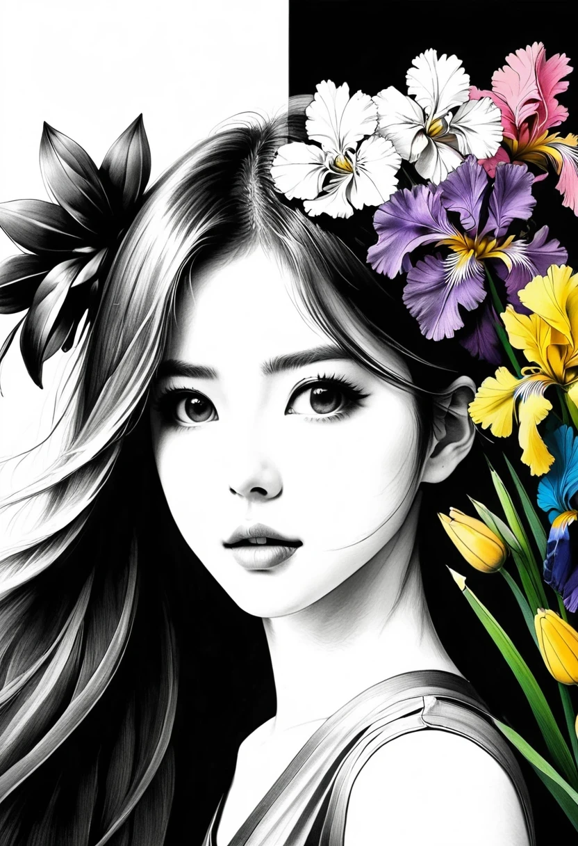 (Anime line drawing:1.5)，(Black and White:1.45)，Minimalism，(Line art:1.6)，sketch，charcoal drawing，mask，flower，The artwork should transition from a pencil drawing style in black and white on the left half to vibrant colors on the right half, Ensure a seamless integration between the two halves without any dividing line, The scene is identical on both sides, with the left side featuring detailed black and white pencil strokes and the right side filled with colors, creating a harmonious blend across the image