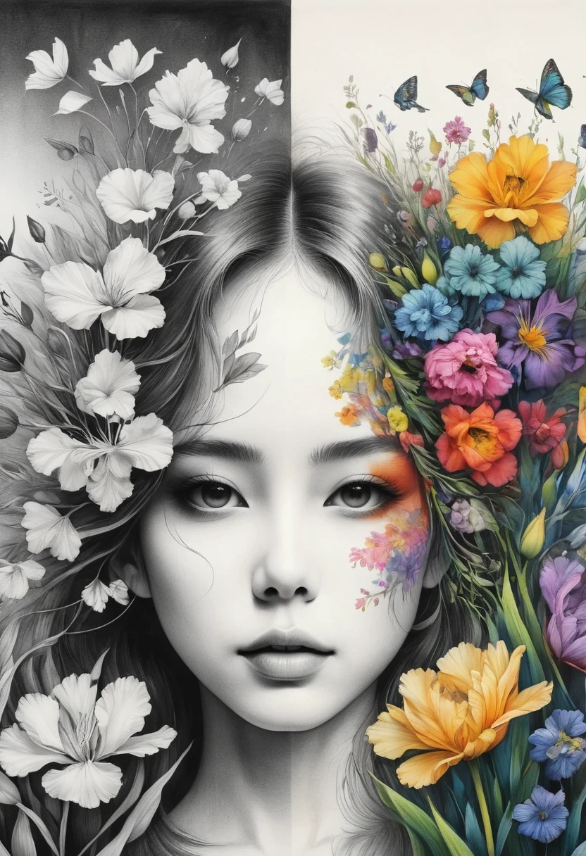 (Anime line drawing:1.5)，(Black and White:1.45)，Minimalism，(Line art:1.6)，sketch，charcoal drawing，mask，flower，Illustration in surreal art style，surreal dream，Dubrec style,(Multiple Exposure：1.8),The artwork should transition from a pencil drawing style in black and white on the left half to vibrant colors on the right half, Ensure a seamless integration between the two halves without any dividing line, The scene is identical on both sides, with the left side featuring detailed black and white pencil strokes and the right side filled with colors, creating a harmonious blend across the image