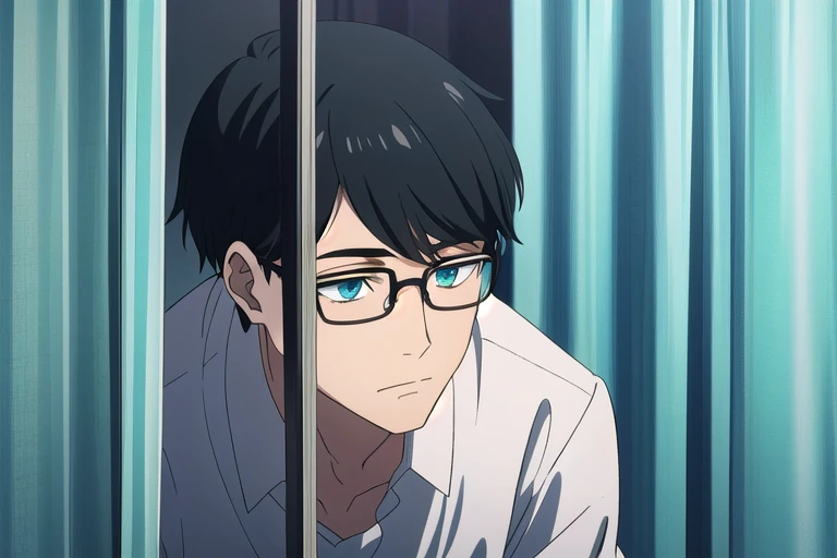 male, black hair, curtained hair, mask, bespectacled, aqua eyes