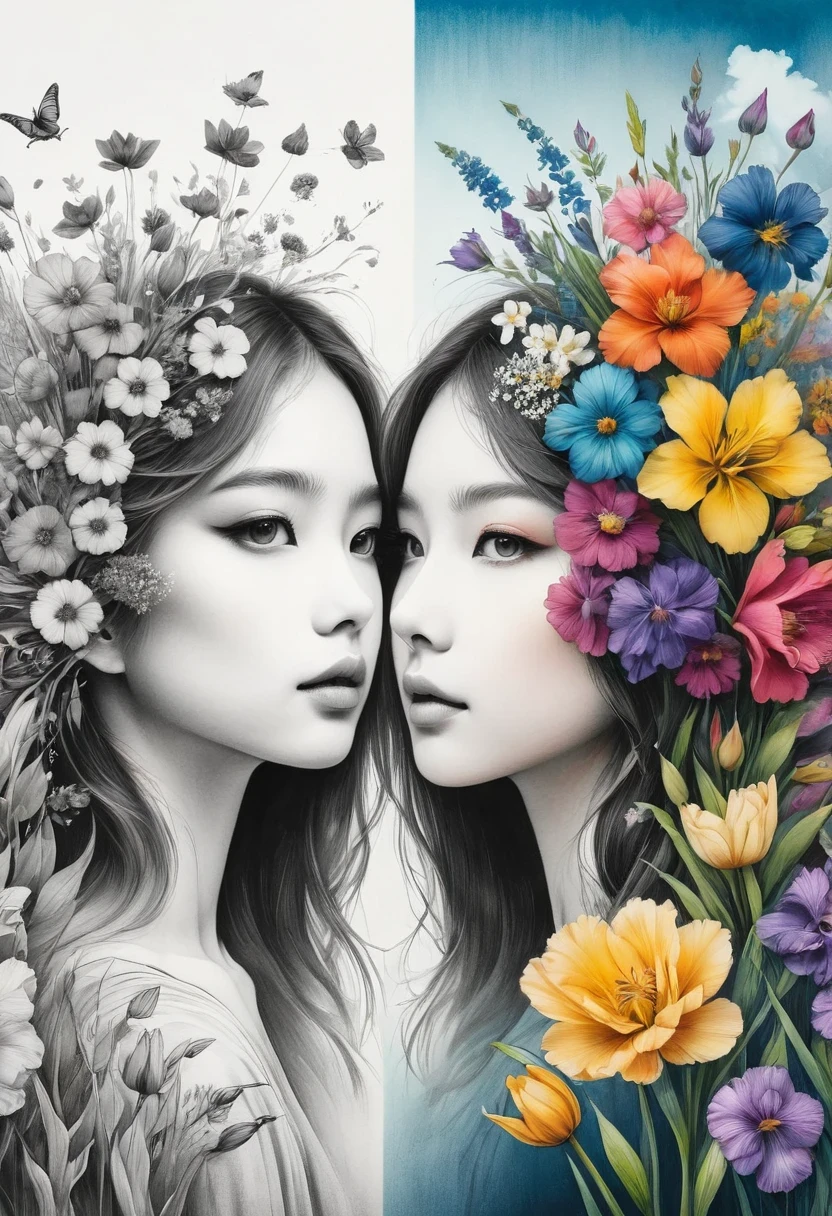 (Anime line drawing:1.5)，(Black and White:1.45)，Minimalism，(Line art:1.6)，sketch，charcoal drawing，mask，flower，Illustration in surreal art style，surreal dream，Dubrec style,(Multiple Exposure：1.8),The artwork should transition from a pencil drawing style in black and white on the left half to vibrant colors on the right half, Ensure a seamless integration between the two halves without any dividing line, The scene is identical on both sides, with the left side featuring detailed black and white pencil strokes and the right side filled with colors, creating a harmonious blend across the image