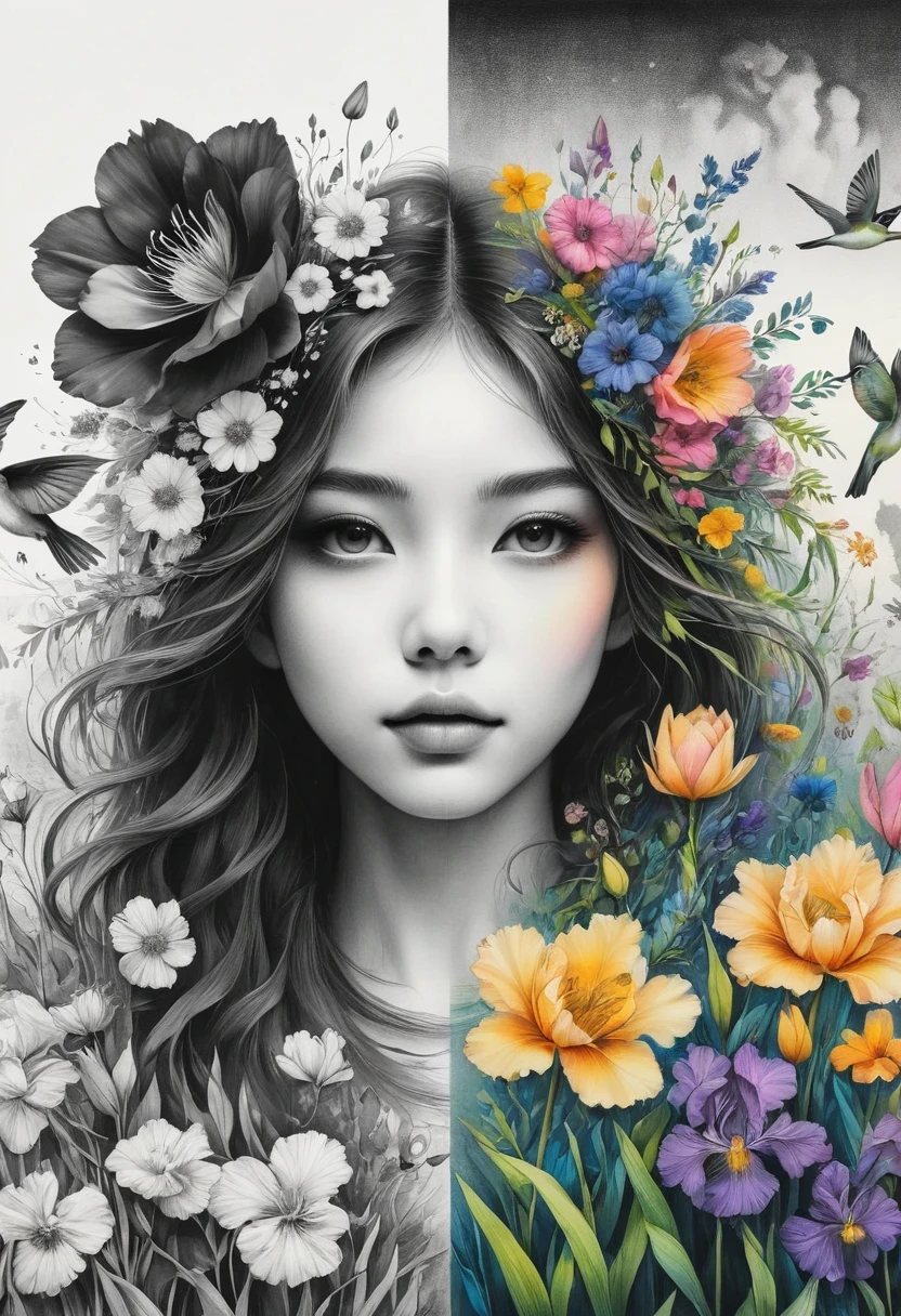 (Anime line drawing:1.5),(Black and White:1.45),Minimalism,(Line art:1.6),sketch,charcoal drawing,mask,flower,Illustration in surreal art style,surreal dream,Dubrec style,(Multiple Exposure:1.8),The artwork should transition from a pencil drawing style in black and white on the left half to vibrant colors on the right half, Ensure a seamless integration between the two halves without any dividing line, The scene is identical on both sides, with the left side featuring detailed black and white pencil strokes and the right side filled with colors, creating a harmonious blend across the image