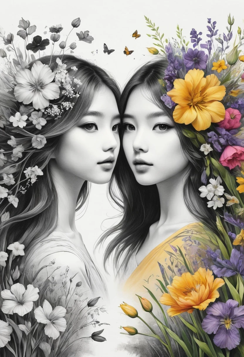 (Anime line drawing:1.5),(Black and White:1.45),Minimalism,(Line art:1.6),sketch,charcoal drawing,mask,flower,The artwork should transition from a pencil drawing style in black and white on the left half to vibrant colors on the right half, Ensure a seamless integration between the two halves without any dividing line, The scene is identical on both sides, with the left side featuring detailed black and white pencil strokes and the right side filled with colors, creating a harmonious blend across the image