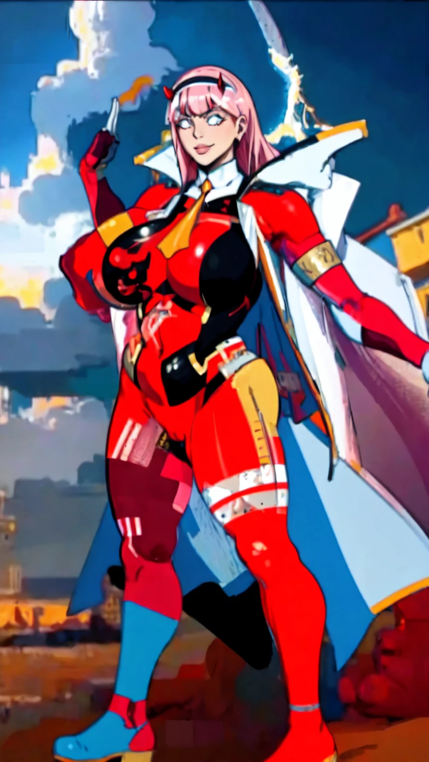masterpiece, best quality, IncrsLowTier, electricity, glowing eyes zerotwo horns, hairband, necktie, red dress, pantyhose horns, hairband, red bodysuit, armlet, mecha horns, hairband, white bodysuit, white gloves, cap, red dress, white gloves, jacket on shoulders, pantyhose, cyber_armor body_suit,huge_breast, tall female, fulll body, sun light, smile,, sun aura,, boots, standing, smile, lips, red lips,,,{best quality}, {amazing quality} {best quality},{amazing quality},, {absurdres},{{highres}}, {very aesthetic}, {detailed}, curvy, tall, huge breast, character focus, white background,full-length portrait,, huge hips, huge muscles, huge thighs, curvaceous, venus figure,full body, full portrait