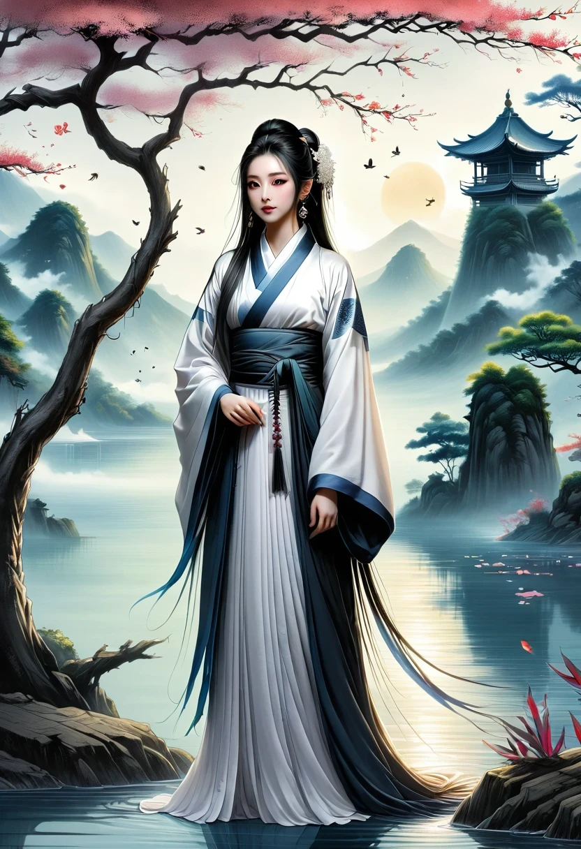 manganese,1 Girl,Solitary,Long hair,water,Black Hair,jewelry,Hair Bun,earrings,Chinese clothes,Hanfu,Hair accessories,flower,Branches,Long sleeve,skirt,rock,sash,single Hair Bun,Tree,whole body,permanent,The artwork should transition from a black and white pencil sketch style on the left half to bright colors on the right half, Ensure seamless integration of the two halves,No dividing line, The scenes on both sides are exactly the same, Detailed black and white pencil strokes on the left,The right side is filled with color, Create a fusion