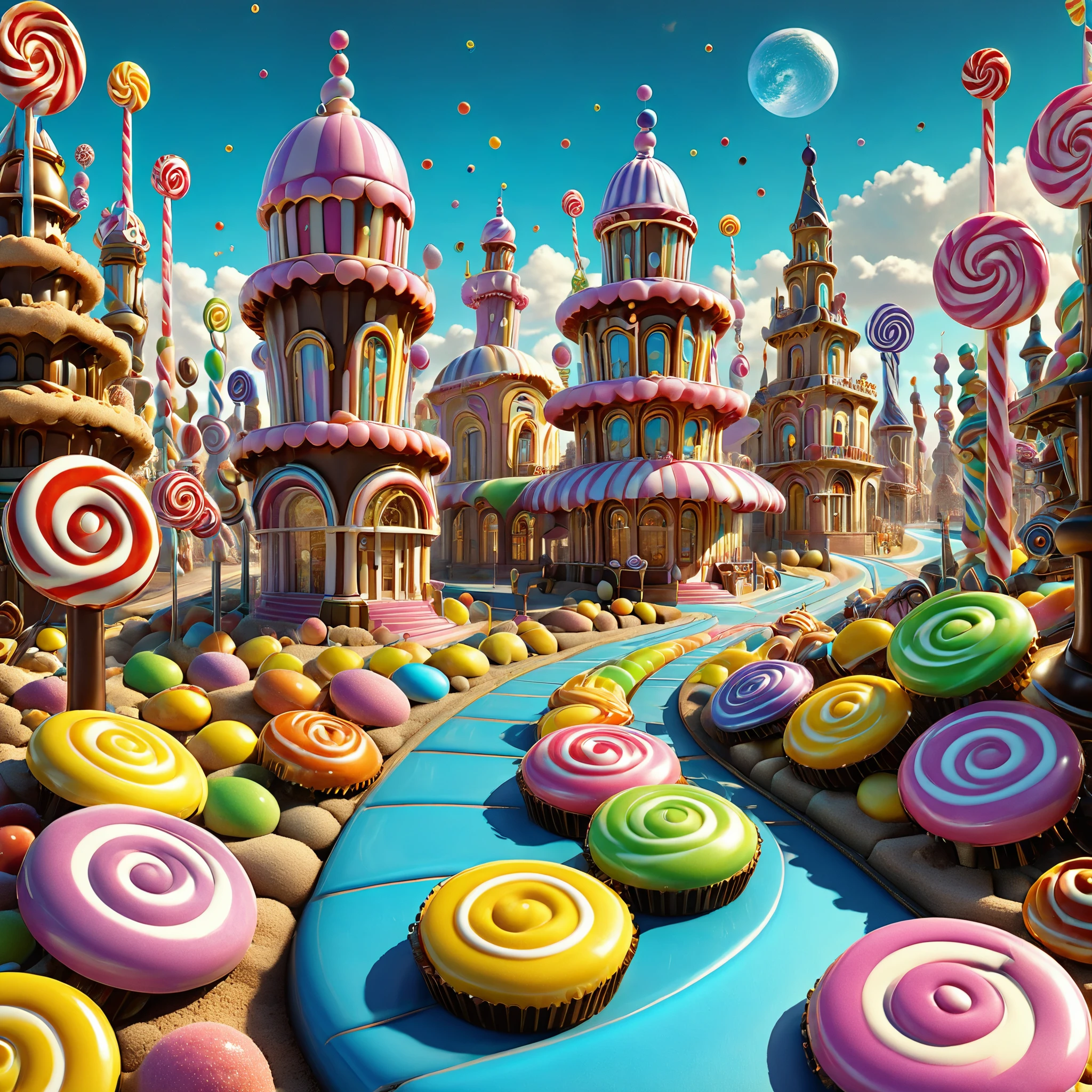 Imagine a candy city in the style of Giorgio de Chirico's metaphysical art, with elongated shadows and surreal juxtapositions of gears and candy structures. 8K resolution, photorealistic.